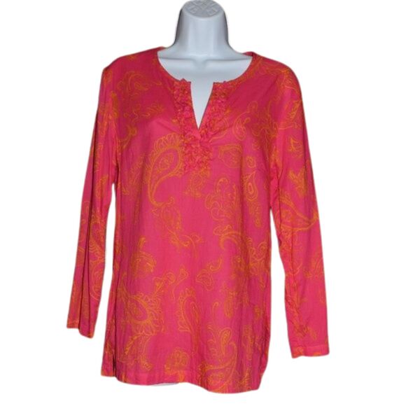J McLaughlin Hot Pink Paisley Blouse Small V Neck Cotton Boho Tunic Top - Picture 1 of 15